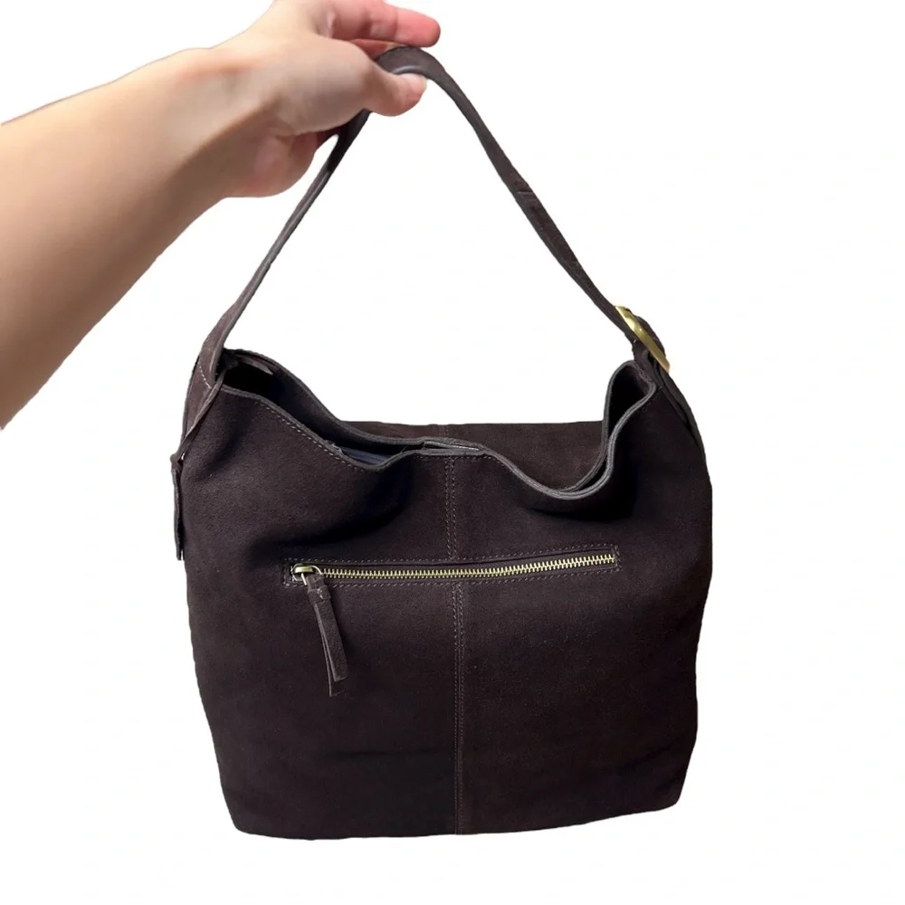 Chocolate Brown 100% Genuine Suede Leather Slouchy Hobo Bag Gold Buckle Strap - Picture 3 of 16